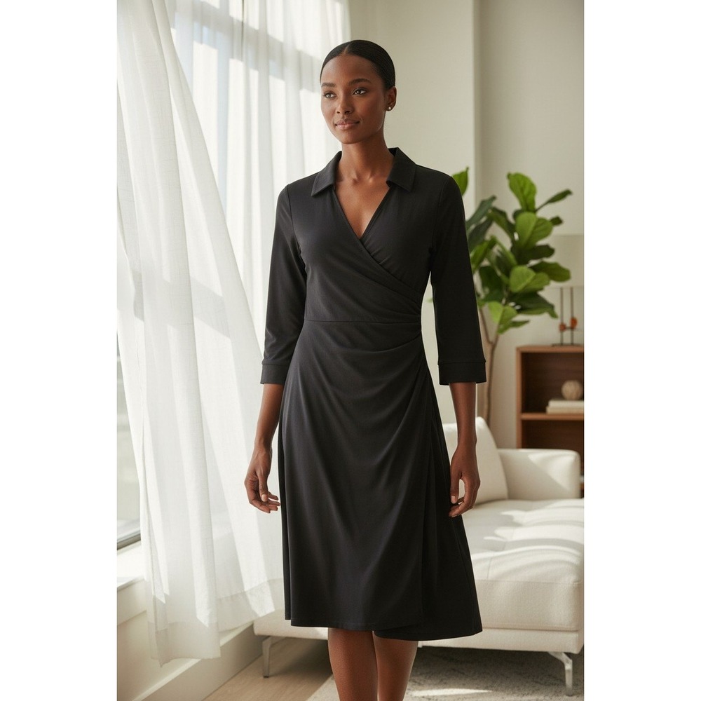 Laundry‎ by Design Womens Black Wrap Ruched Sheath Dress Collar V-Neck